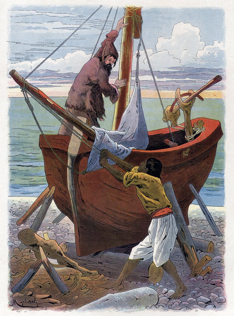 Robinson Crusoe and Friday are building a boat. by Felicien baron de Myrbach Rheinfeld