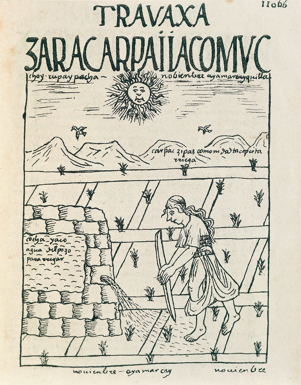 A Peasant Irrigating His Field in November by Felipe Huaman Poma de Ayala