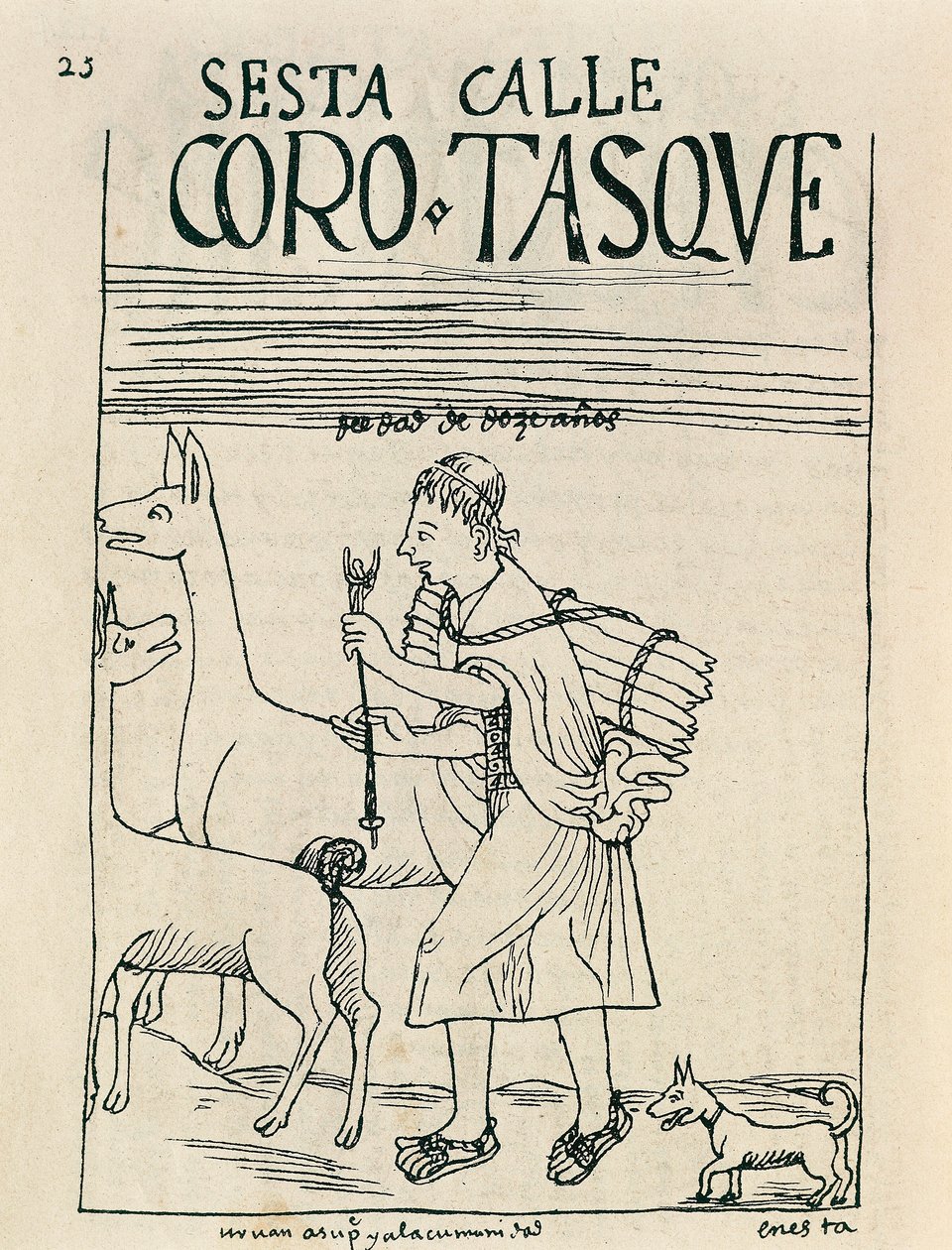 A young man herding llamas and gathering wood (Ink drawing) by Felipe Huaman Poma de Ayala
