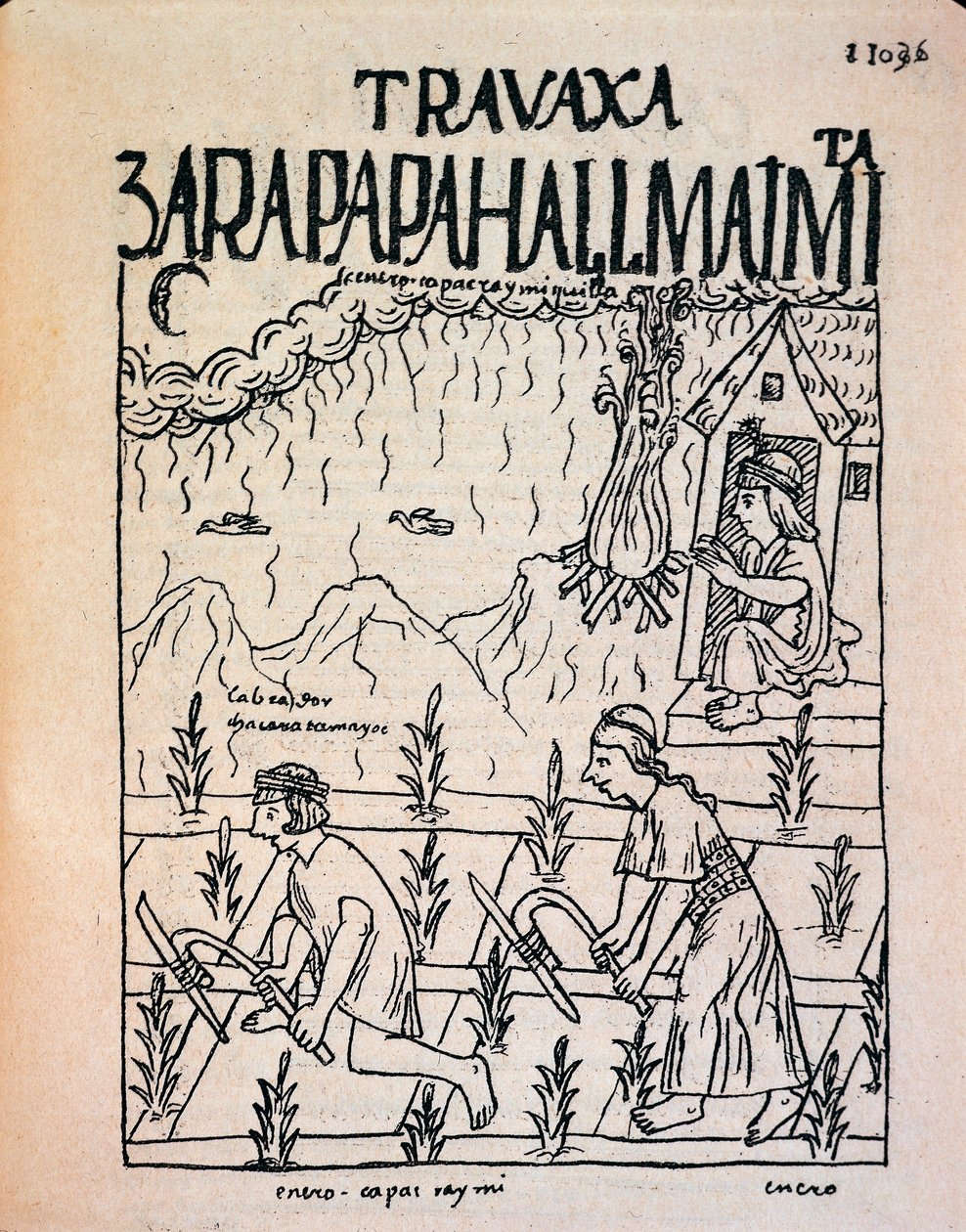 An Inca Hatun Runa couple working in the fields in January by Felipe Huaman Poma de Ayala