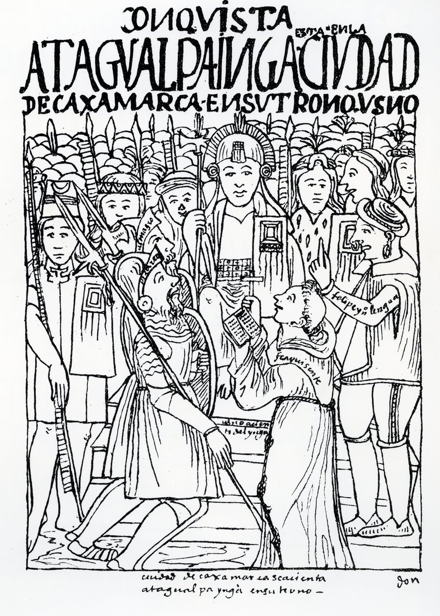 Diego de Almagro, Francisco Pizarro and Friar Vicente de Valverde kneeling before Atahualpa Inca at Cajamarca by Felipe Huaman Poma de Ayala