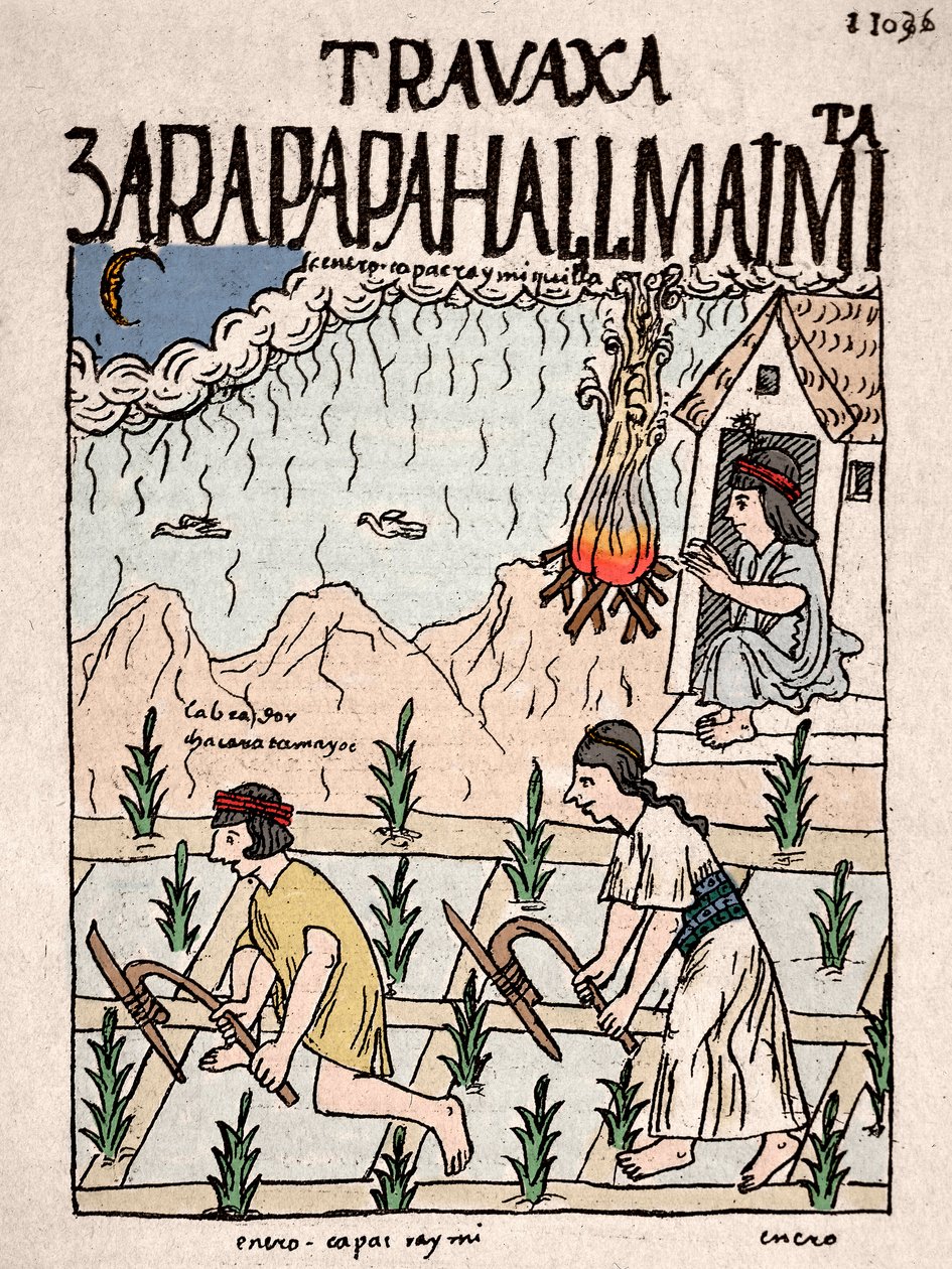 Inca Empire: An Indian couple from the Hatun Runa class works the land in January - Ink drawing from Don Felipe Puma de Ayala