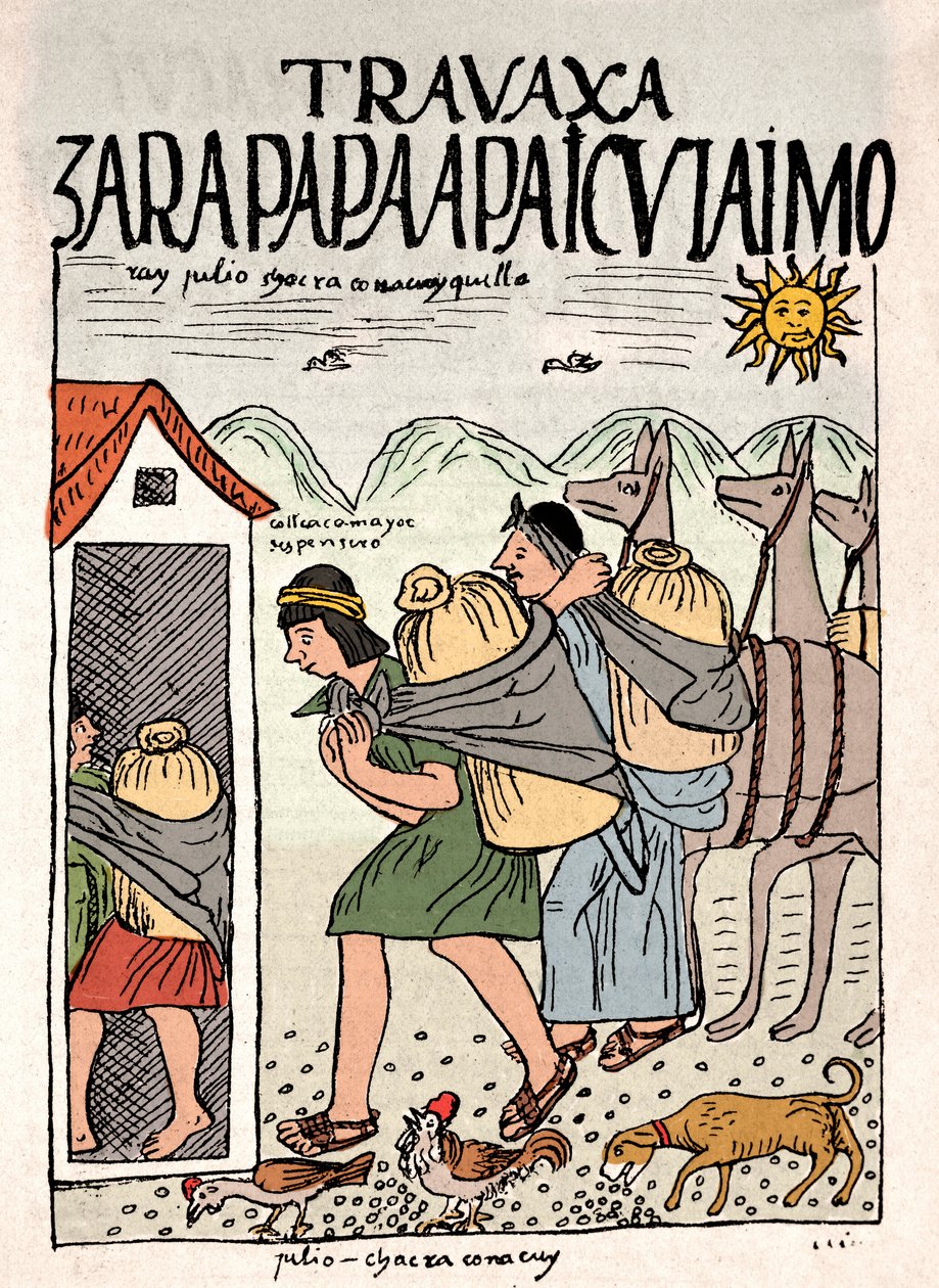 Inca Empire: Inca peasants working in the fields in July - Ink drawing from Don Felipe Puma de Ayala