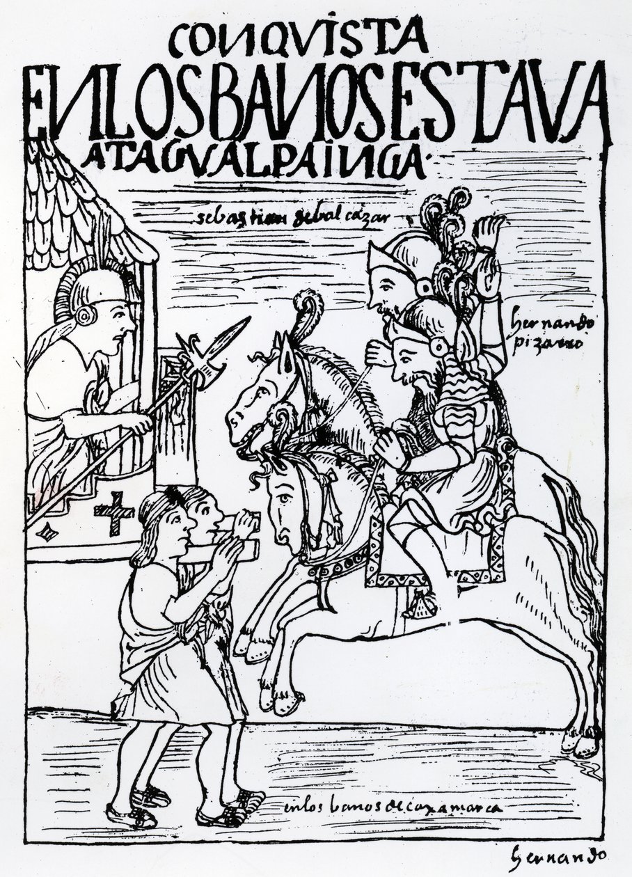 Sebastian de Benalcazar and Hernando Pizarro Confront Atahualpa Inca at the Royal Baths in Cajamarca by Felipe Huaman Poma de Ayala
