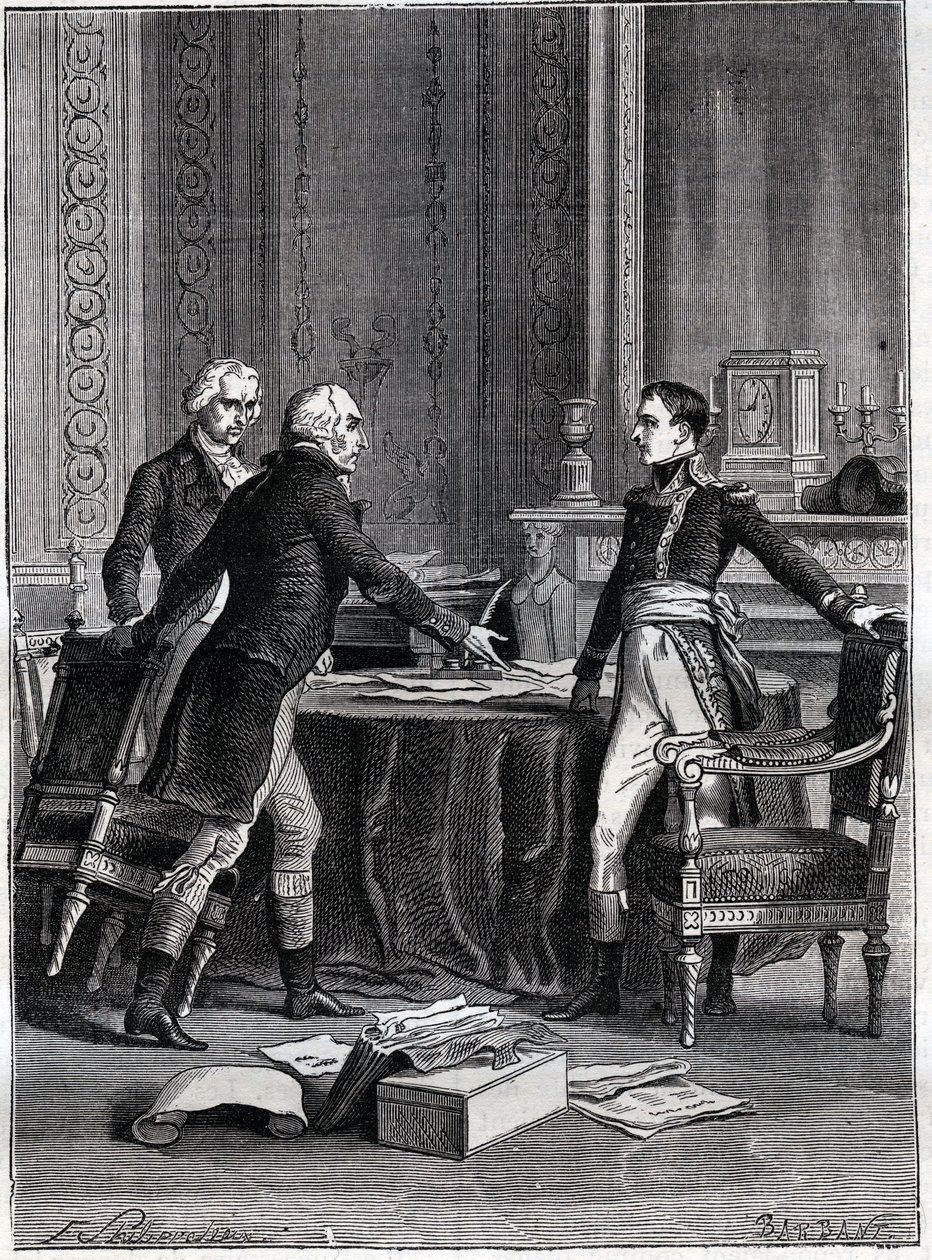First deliberation of the three consuls in Peer-Luxembourg - Napoleon Bonaparte, Emmanuel Joseph Sieyes and Pierre Roger-Ducos 1799 - Engraving by Barbant, after Philippoteaux - First Consulate, 24 Frimaire VIII (15th December 1799), first meeting of First by Felix (after) Philippoteaux