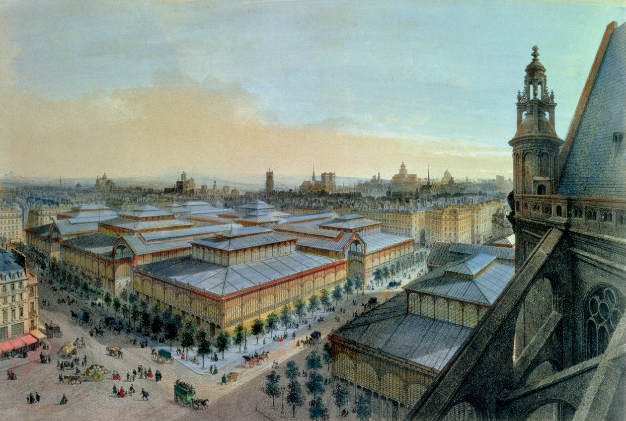 View of Les Halles in Paris taken from Saint Eustache upper gallery, c. 1870-80 by Felix Benoist