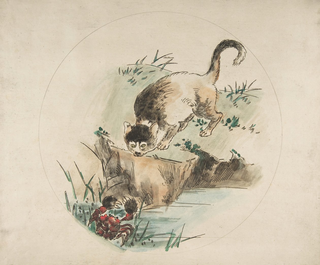 Decoration for a Plate: A Cat Hunting a Crab by Felix Bracquemond