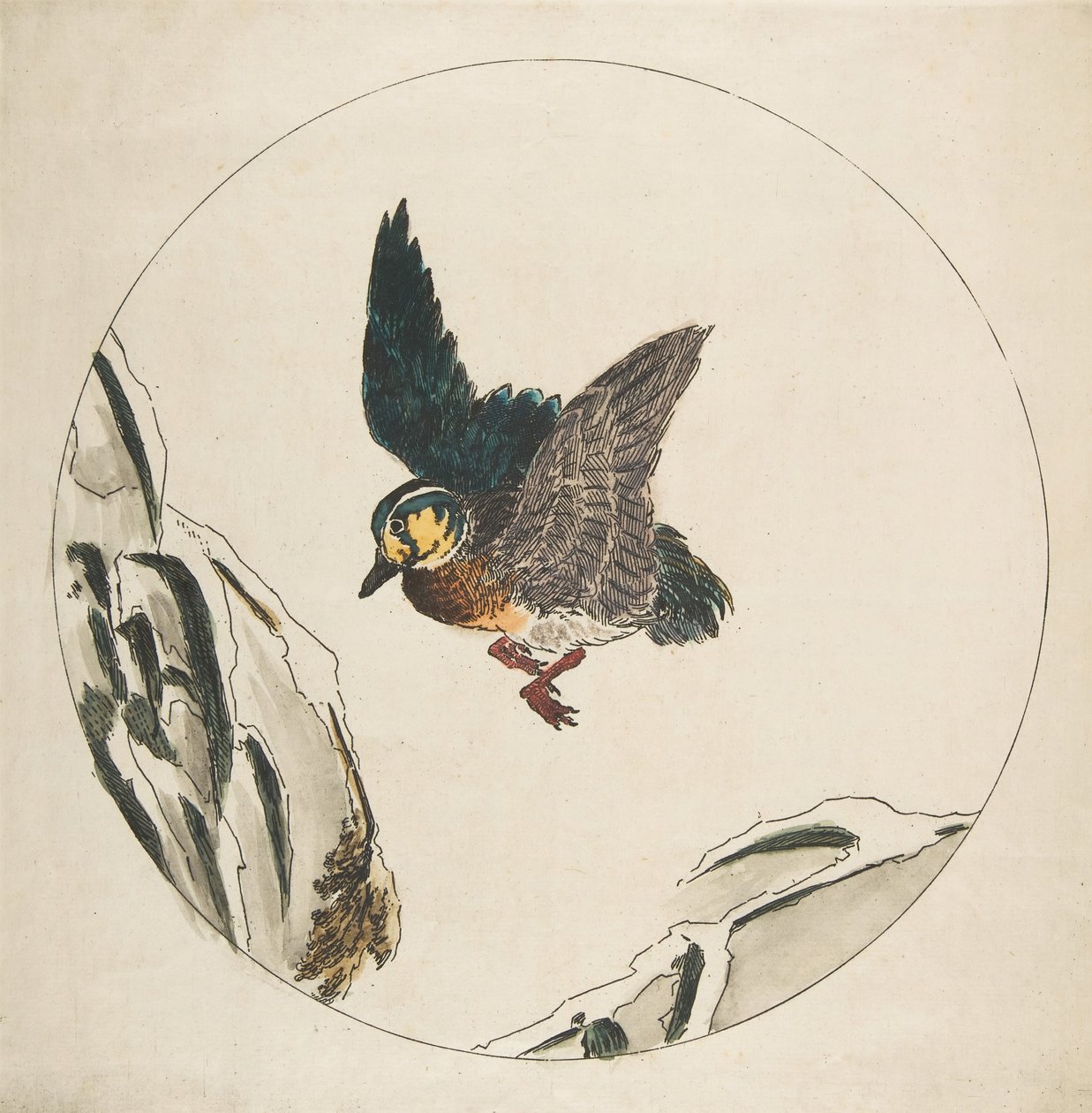 Decoration for a Plate: A Duck flying over Snow-covered Branches by Felix Bracquemond