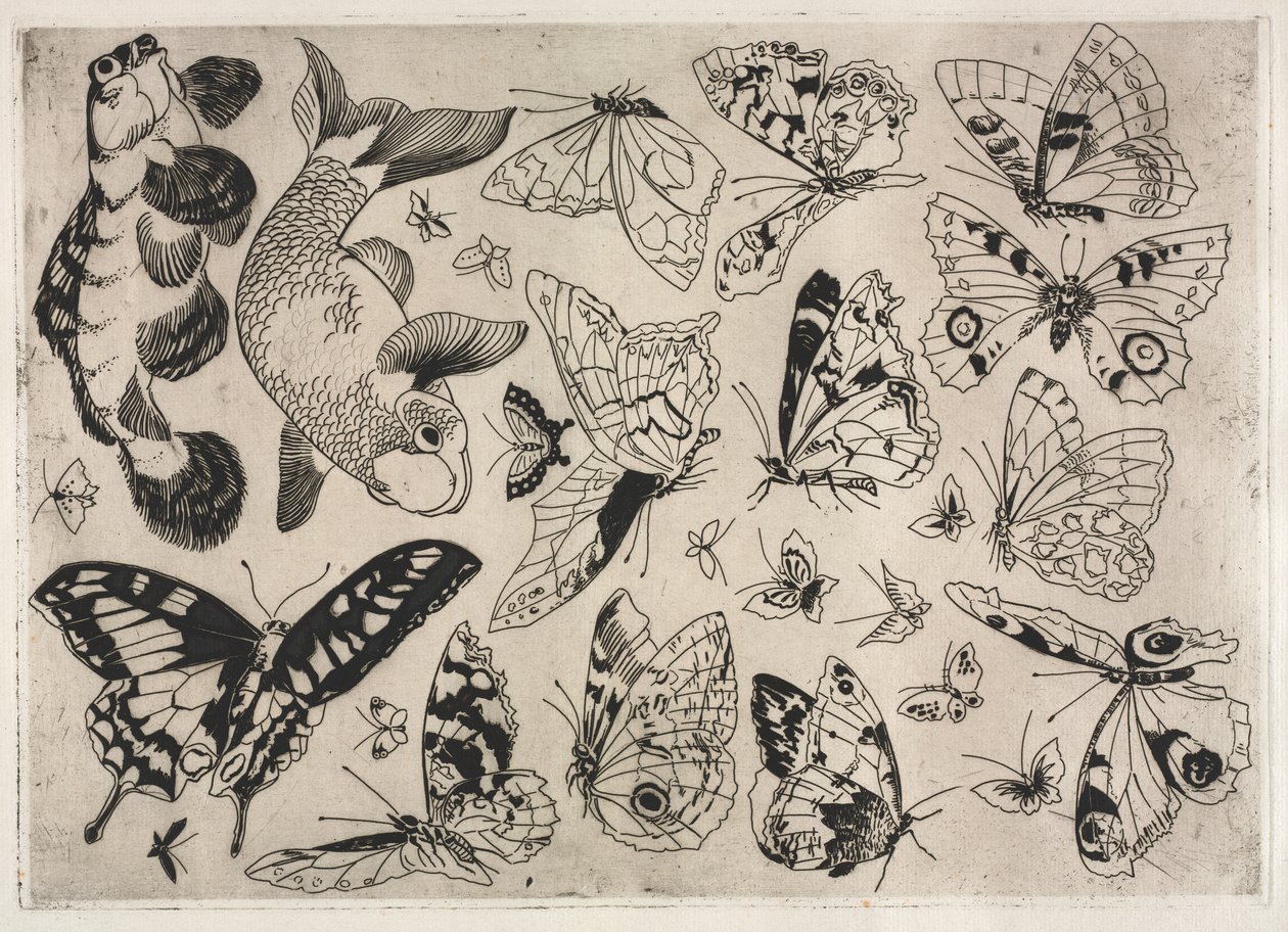 Dinner Service (Rousseau service): Butterflies and Fish (no. 16) by Felix Bracquemond