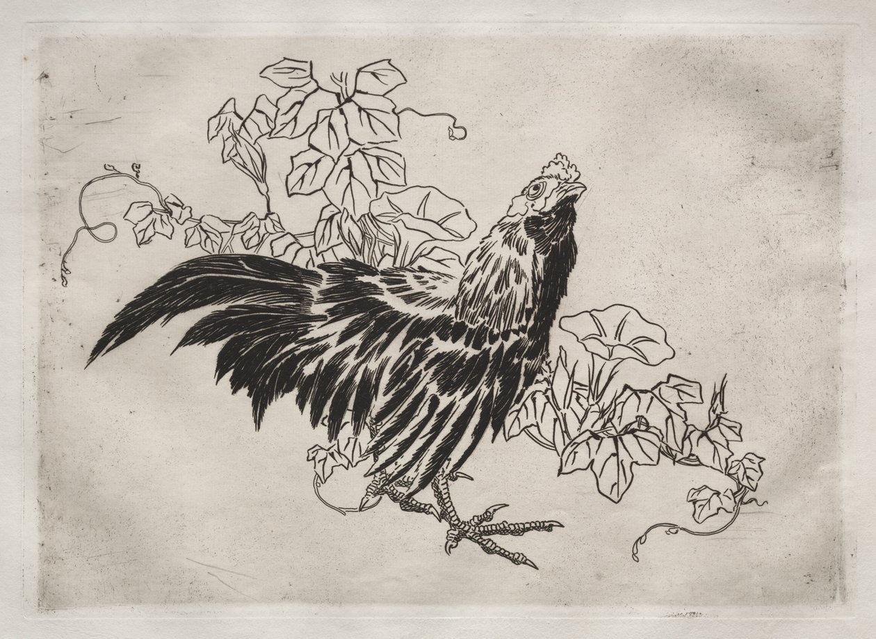 Dinner Service (Rousseau service): Rooster and Morning Glories (no. 25) by Felix Bracquemond