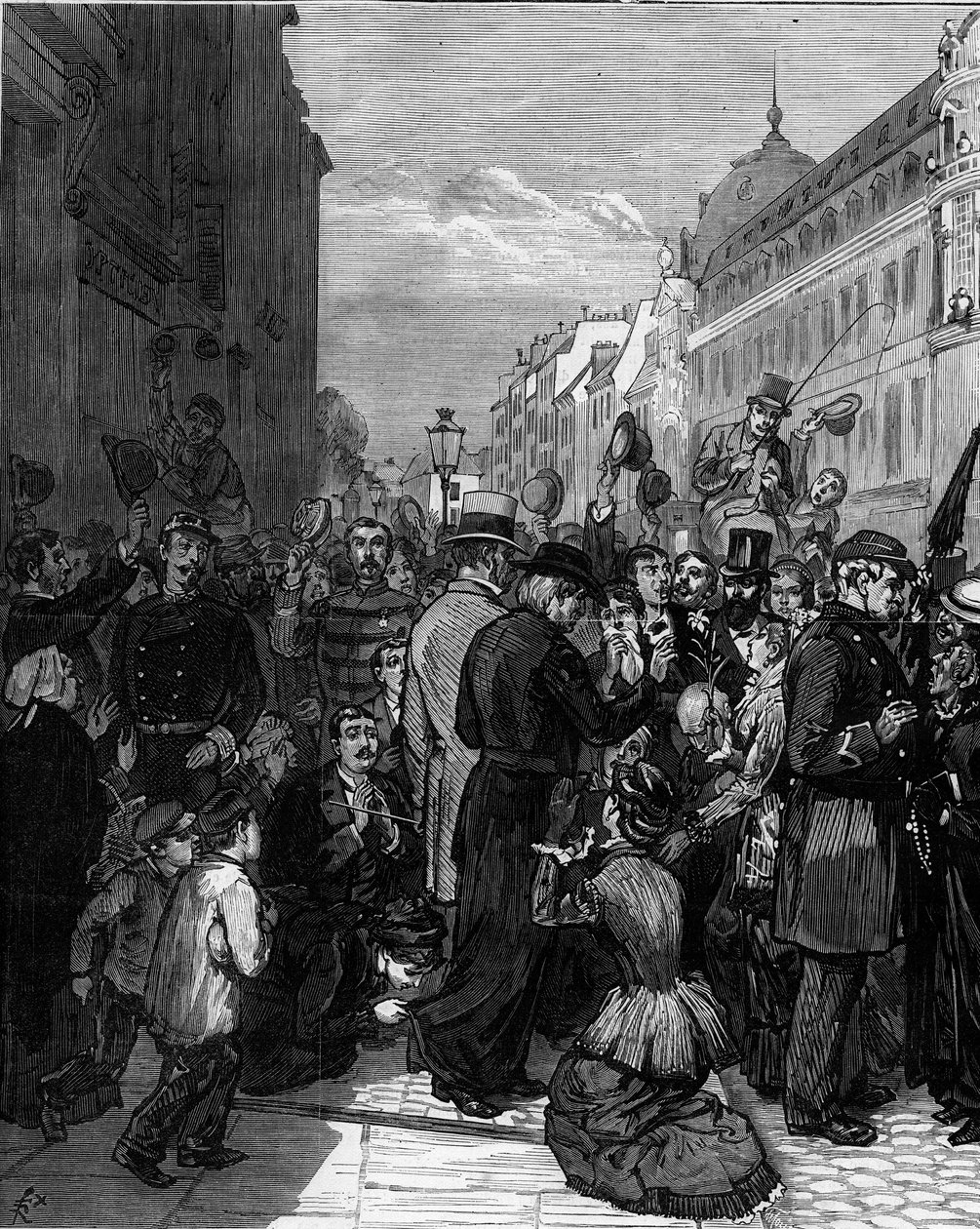 Deportation of the Jesuits from the Rue de Sevres in Paris following the decrees of March 1880 issued by Jules Ferry and removing the right to teach members of unauthorized religious congregations: the Parisian population shows solidarity with the eviction by Felix Elie Regamey