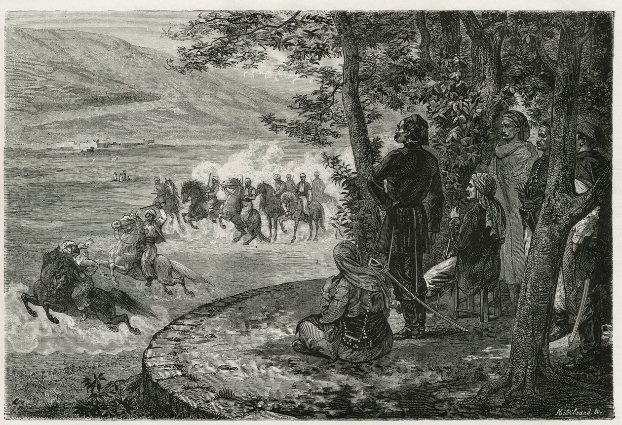The Race of the Djerid (engraving by F. Regamey, to illustrate the story Les Ansaries by Leon Cahun) by Felix Elie Regamey
