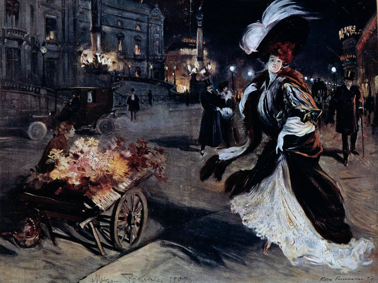 Belle Epoque: Woman in Egrets in a Parisian Street at Night by Felix Fournery