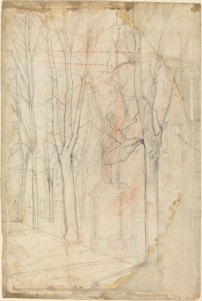Sketch of Trees with a Statue on a Pedestal by Felix Hilaire Buhot