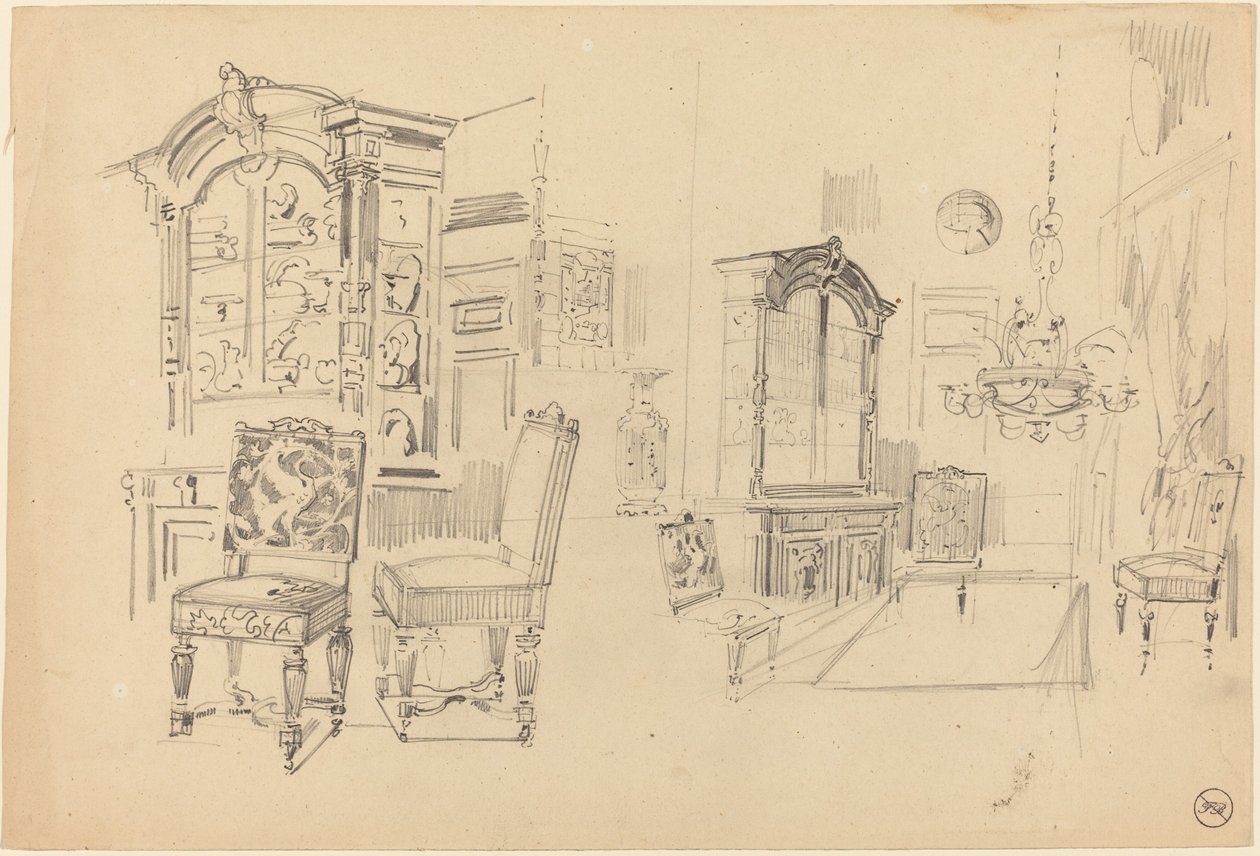 Two Studies of an Interior with Furniture by Felix Hilaire Buhot