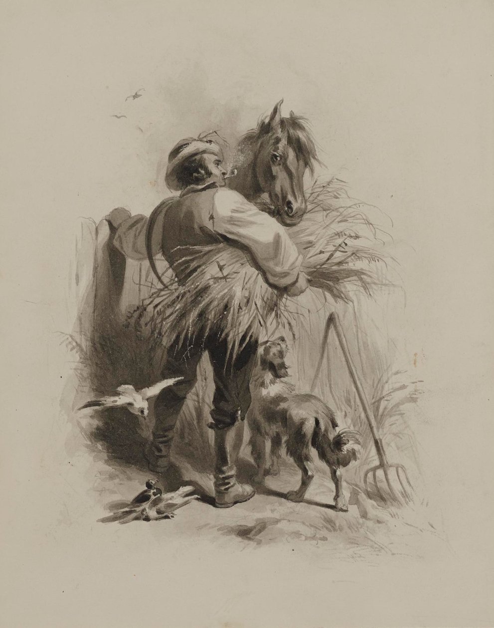 Farmer with Horse, Dog and Pigeons by Felix Octavius Carr Darley