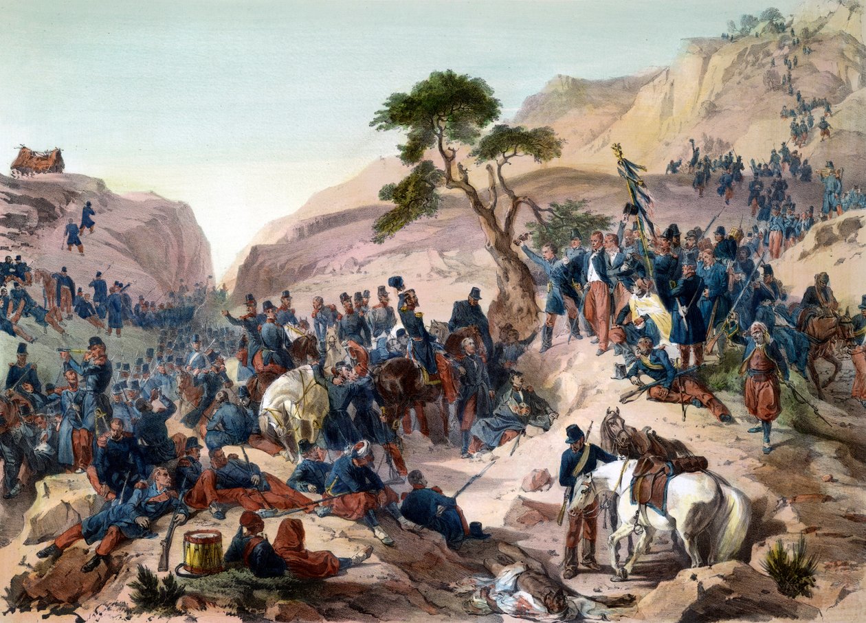 Episode of the conquest of Algeria in 1840 - Battle of the Mouzaia Pass (1840) - The Duke of Orleans exercises command in the French army - The French army wins the Teniah of Mouzaia battle for the mountain pass of Mouzaia on 1 by Felix Philippoteaux