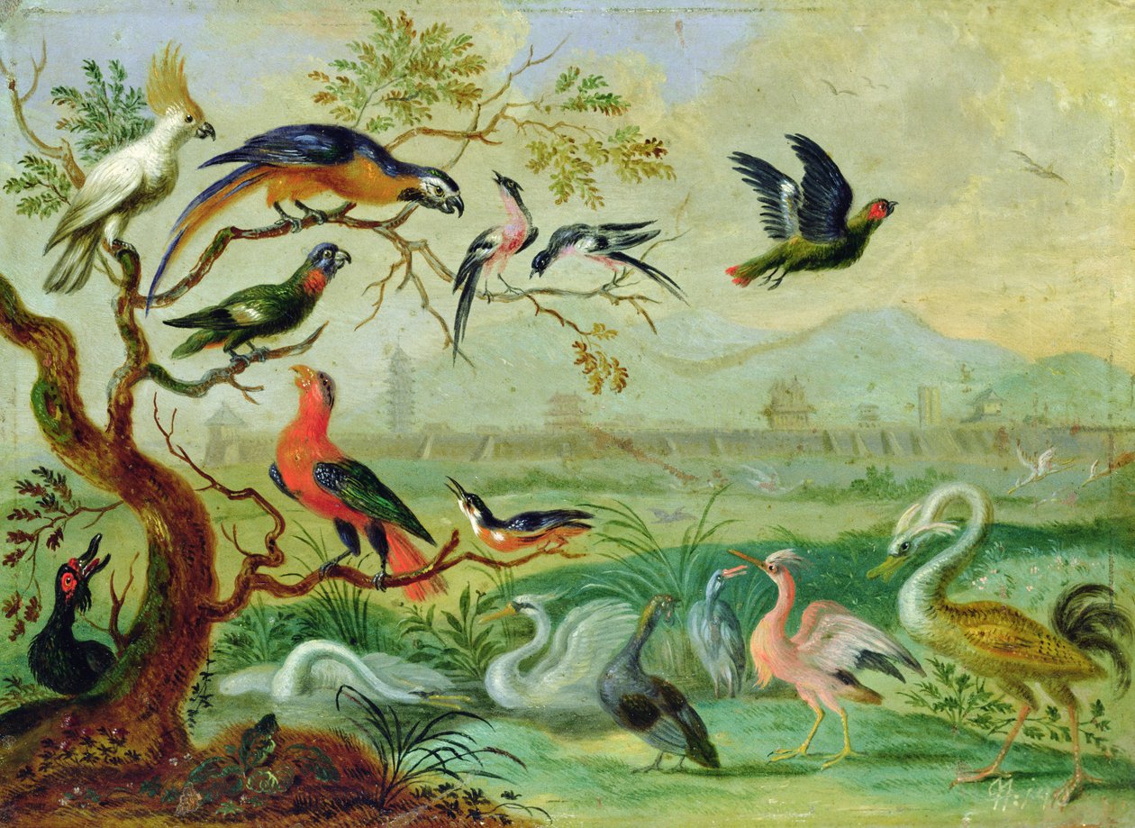 Birds from the Four Continents in a Landscape with a View of Peking in the Background by Ferdinand van Kessel