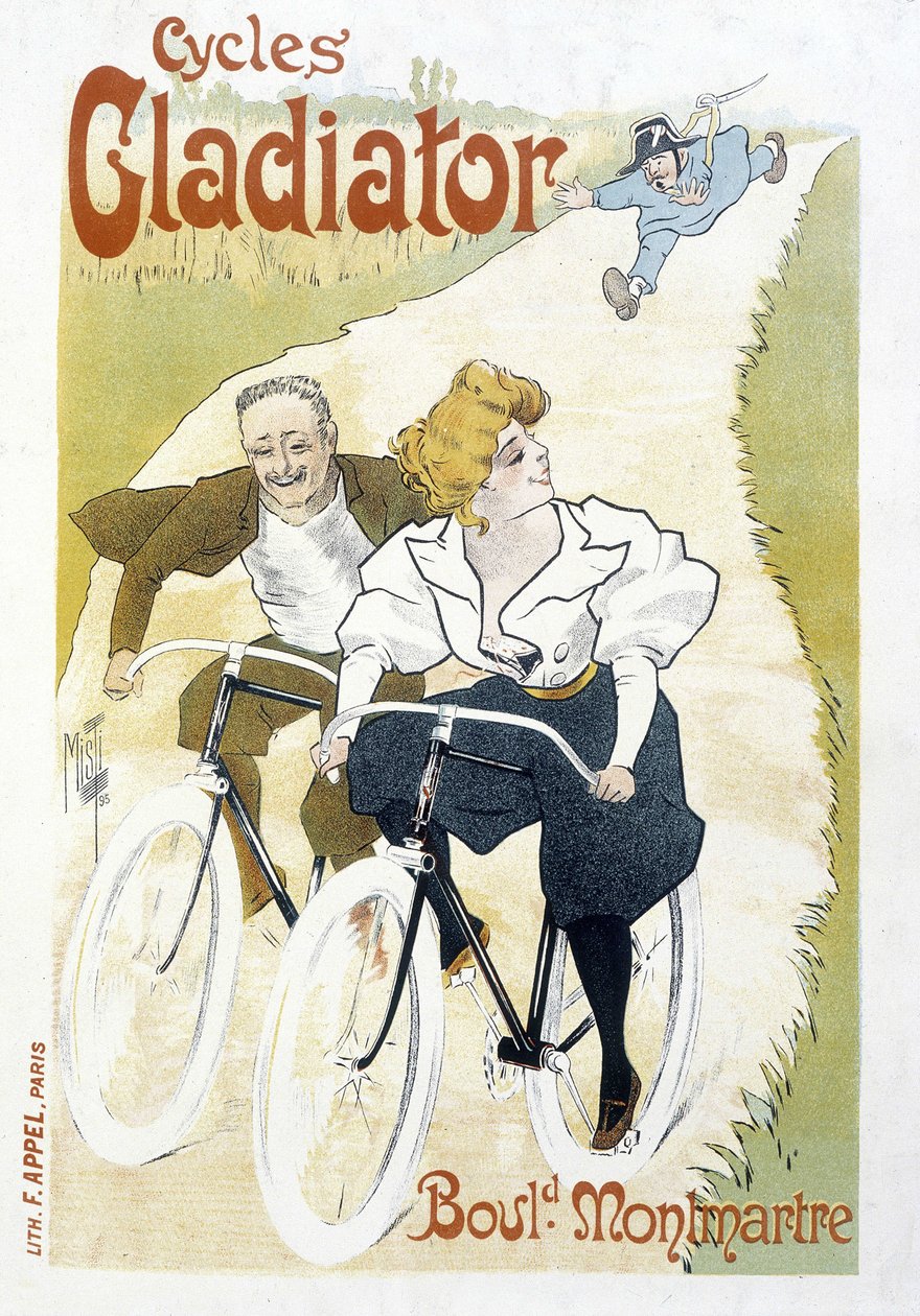 Bike Couple Chased by a Constable - Advertising for Gladiator Cycles, by Misti, c.1895 by Ferdinand  Misti Mifliez