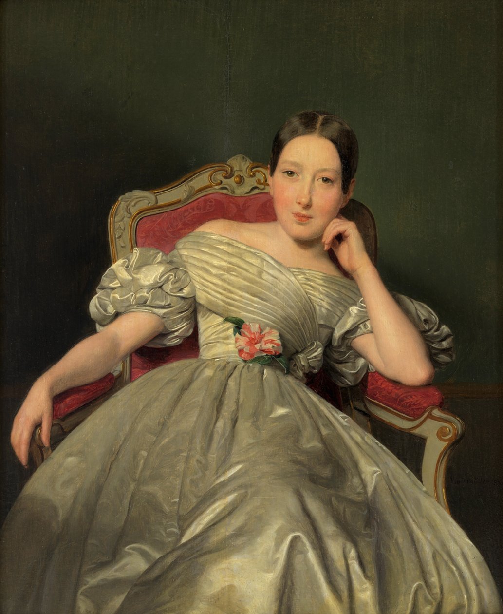 Seated Girl in White Satin Dress by Ferdinand Georg Waldmüller