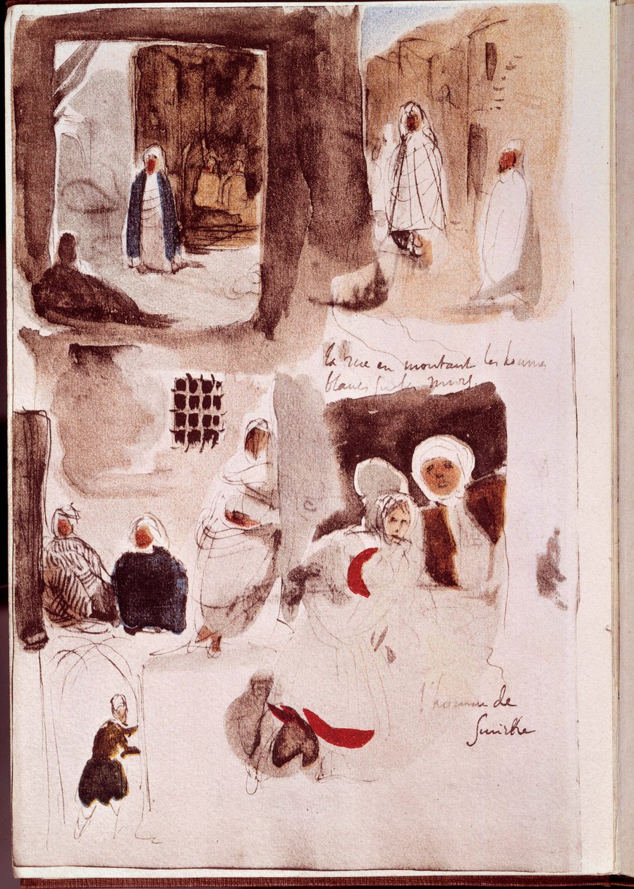 Album from North Africa and Spain: Streets, walls and shops with characters standing or sitting including Smirne