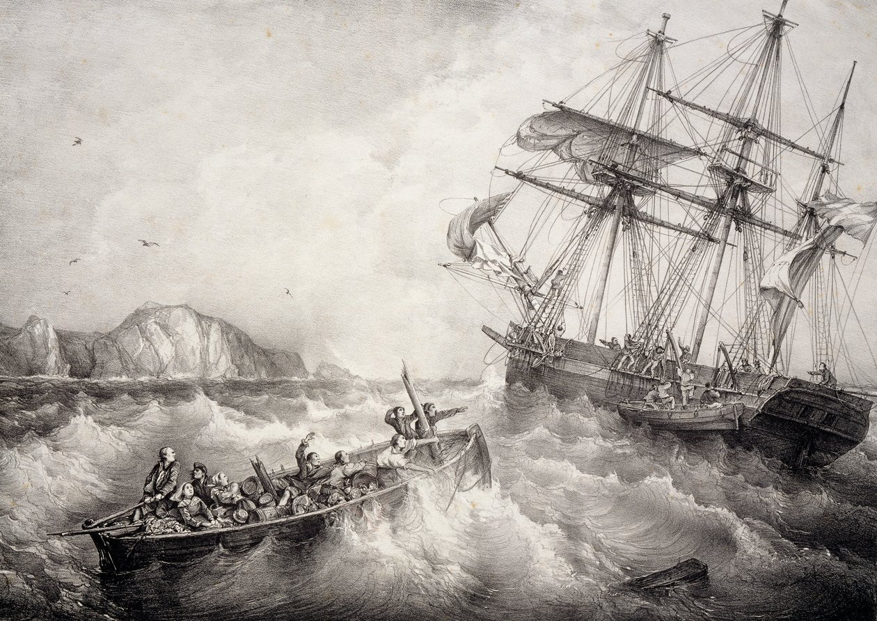 Rescue of crew of Breton fishing boat by Swedish ship Le Neptune, Lithograph by Ferdinand Perrot by Ferdinand Victor Perrot