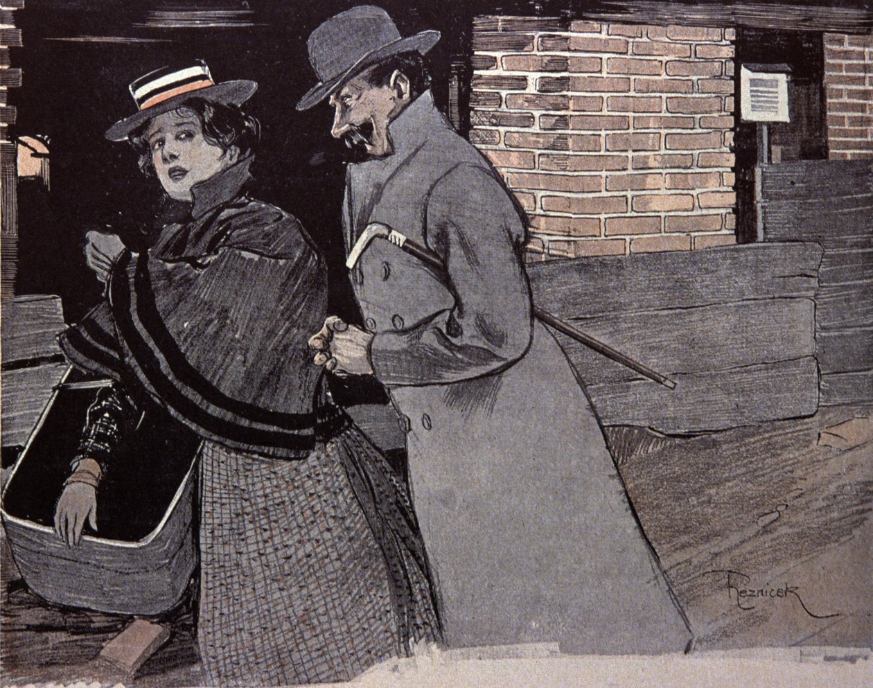 Man Harassing a Young Woman. Illustration by F. Von Reznicek in: Simplicissimus, Germany by Ferdinand von Reznicek