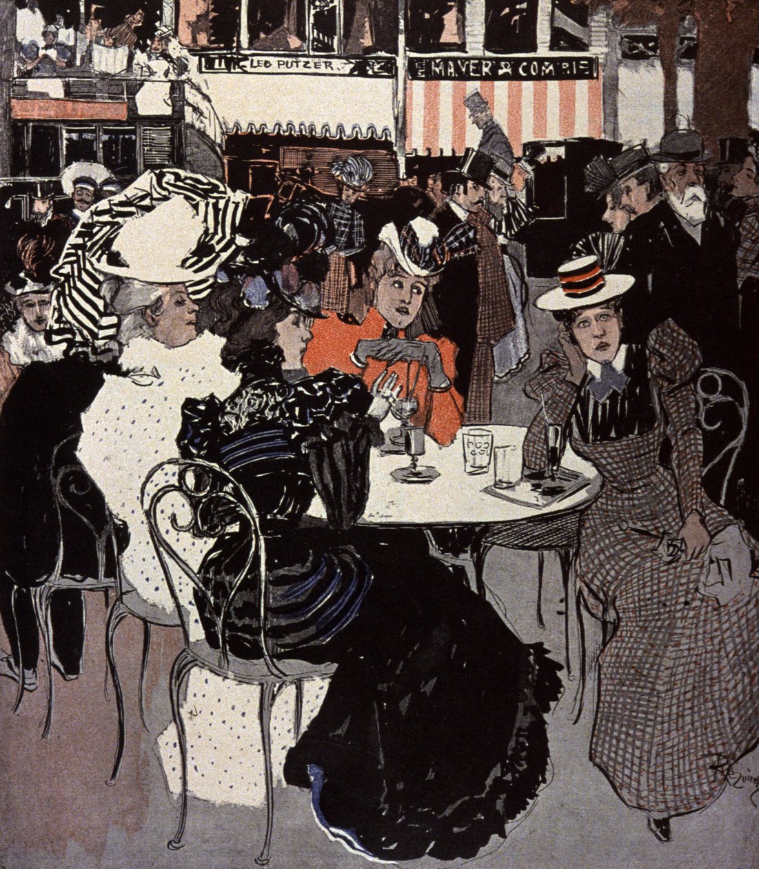 Woman talking at a table outside a cafe. Illustration by Von Reznicek in: Simplicissimus, Germany by Ferdinand von Reznicek