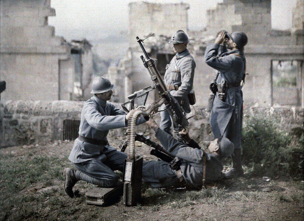 A French section of machine gunners has taken position in the ruins during the battle of the Aisne, France, 1917 (autochrome) by Fernand Cuville