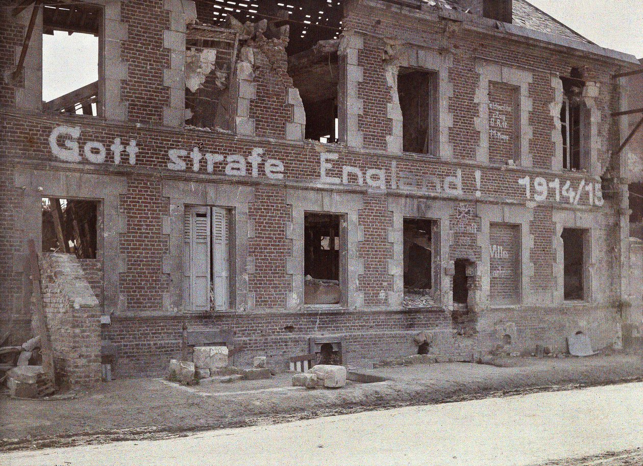 German Army Slogan on the Wall of a Damaged Brick Building: May God Punish England! 191415, Bucy-le-Long, Aisne, France by Fernand Cuville
