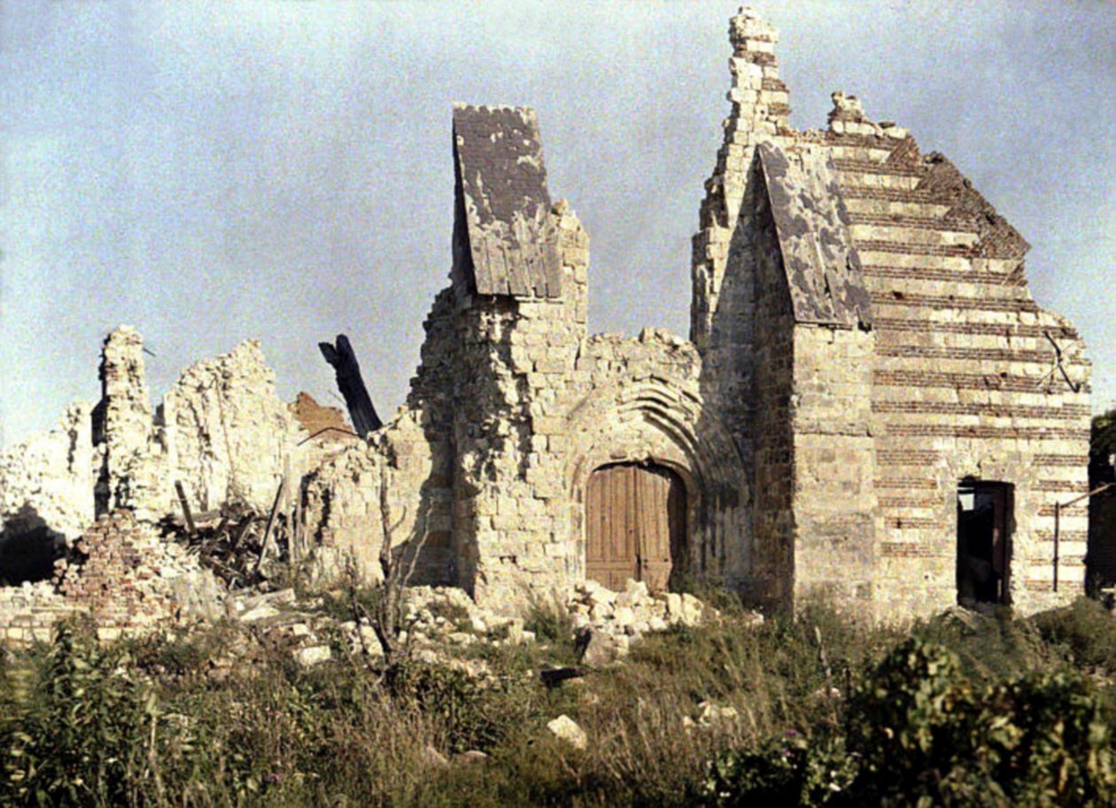 The remains of the damaged church, Marchelepot, Somme, France, 1917 by Fernand Cuville