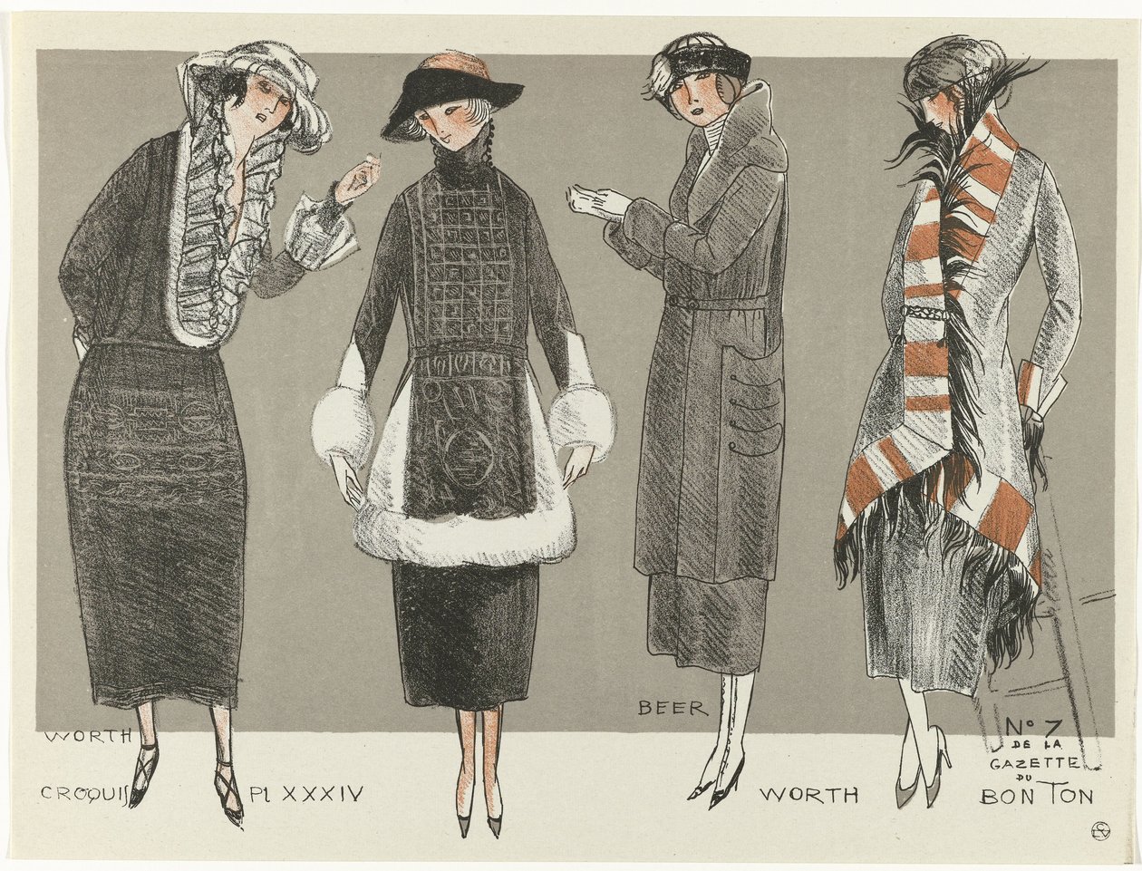 Gazette du Bon Ton, 1920 - No. 7, Croquis Pl XXXIV: Worth / Beer / Worth by Fernand Siméon