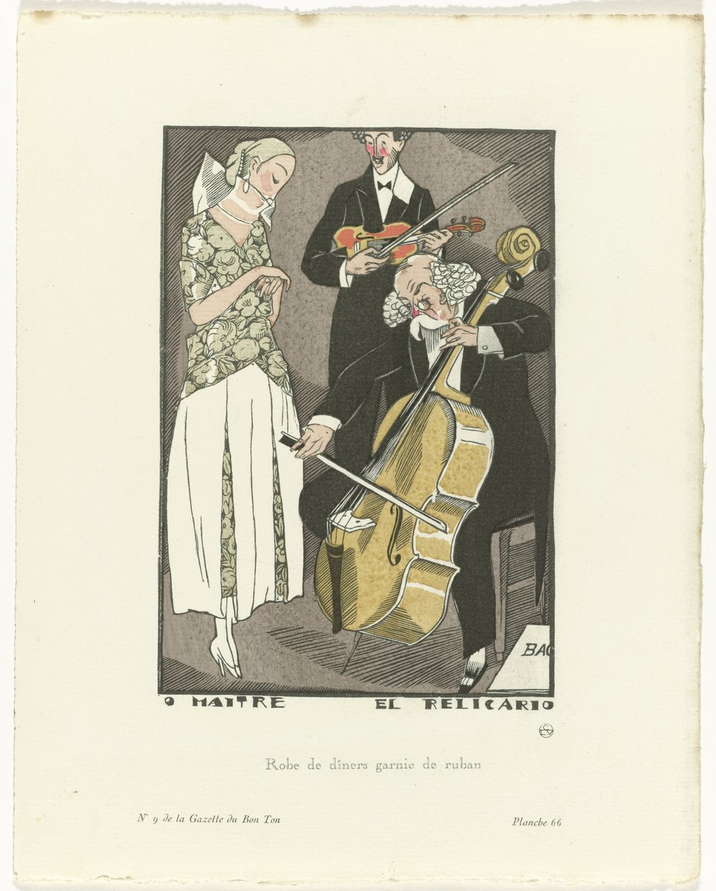 Gazette du Bon Ton, 1920 - No. 9, Pl. 66: O Maitre el Relicario / Dinner Dress Trimmed with Ribbon by Fernand Siméon