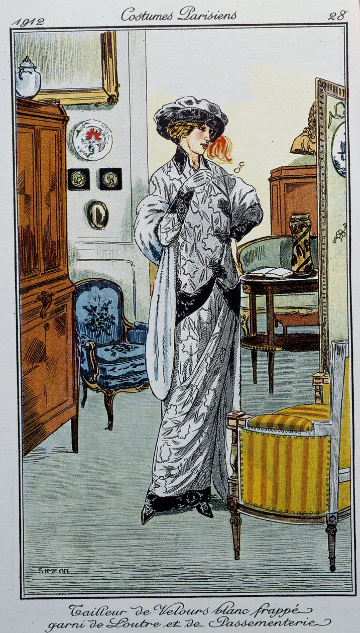 Parisian Costumes: White Velour Tailor Striped with Otter and Trimmings by Fernand Siméon