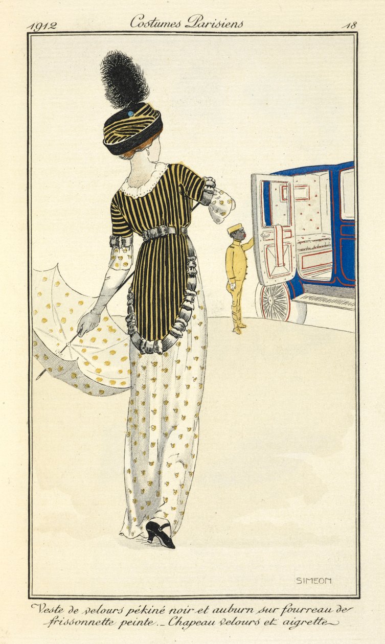 Velvet Jacket and Auburn Dress with Painted Frissonnette. Velvet Hat and Aigrette. by Fernand Siméon