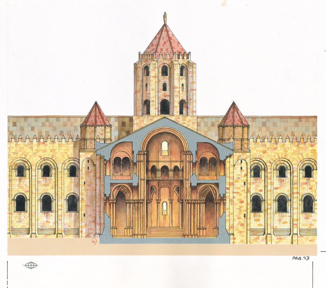 Santiago de Compostela Romanesque Cathedral, Cross section, Spain by Fernando Aznar Cenamor