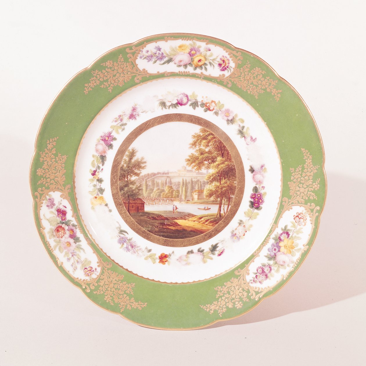 Plate depicting the old Pont de Sevres and the Pavillon de Breteuil, made in Paris by Feuillet