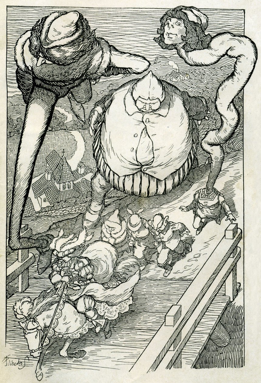 Fables: The Prince Entered the City Followed by His Servants. Illustration by Filiberto Scarpelli for the fable "The Servants and the Prince" from a collection by the Brothers Grimm "Snow White and Other Tales" by Filiberto Scarpelli