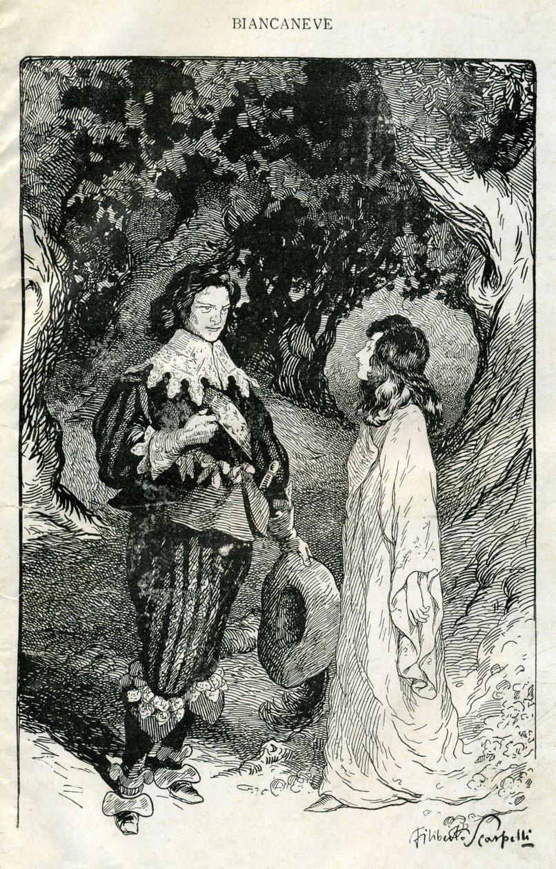 Illustration by Filiberto Scarpelli for the fable "Snow White" from a collection of fables by the Brothers Grimm "Snow White and Other Tales" by Filiberto Scarpelli