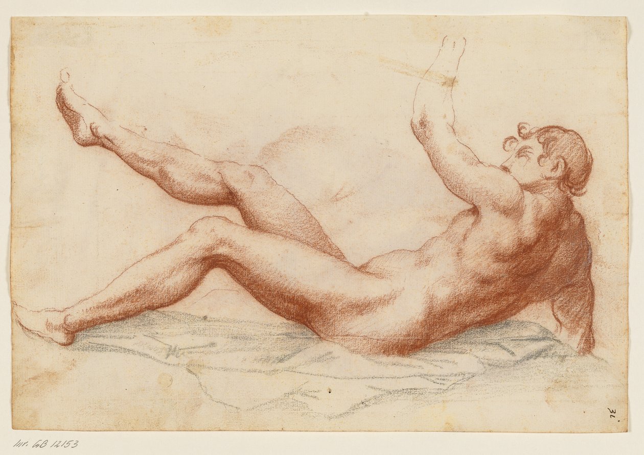 Prostrated Male Nude Turned Left Leaning on His Right Arm and Lifting His Left Arm and Right Leg Up by Filippo Esegrenio