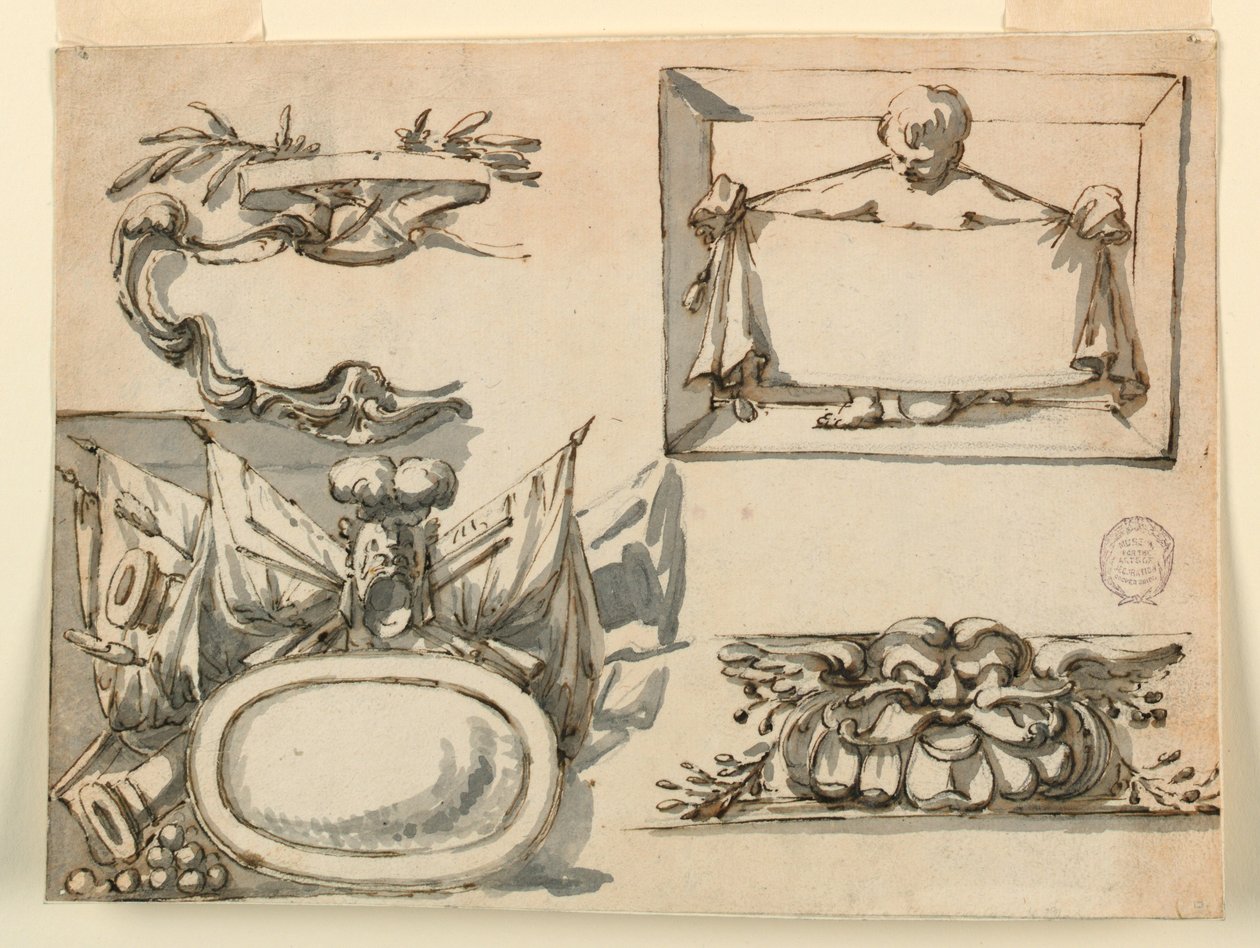An escutcheon, a trophy, a label, a decorative motif for a frieze, 1750–75 by Filippo Marchionni