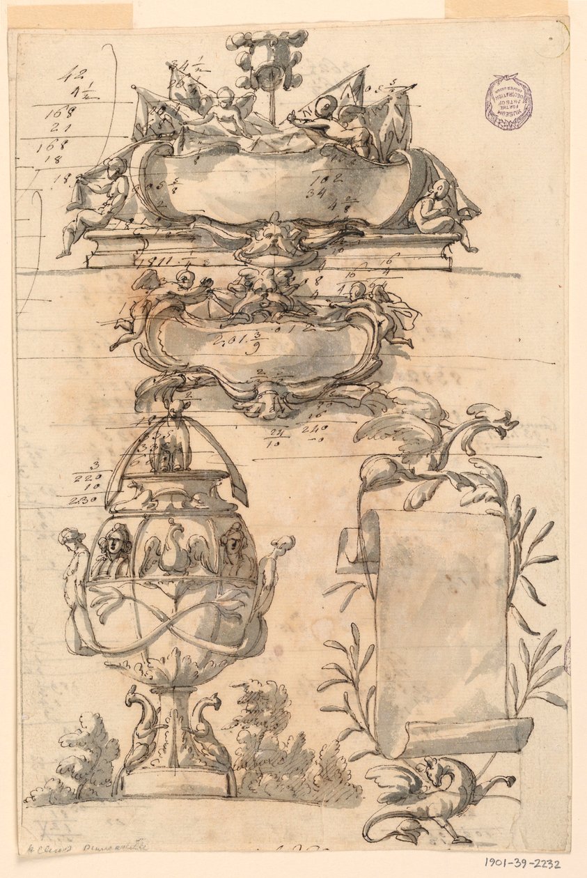 Two escutcheons, decorative vase and a scroll, 1750–75 by Filippo Marchionni