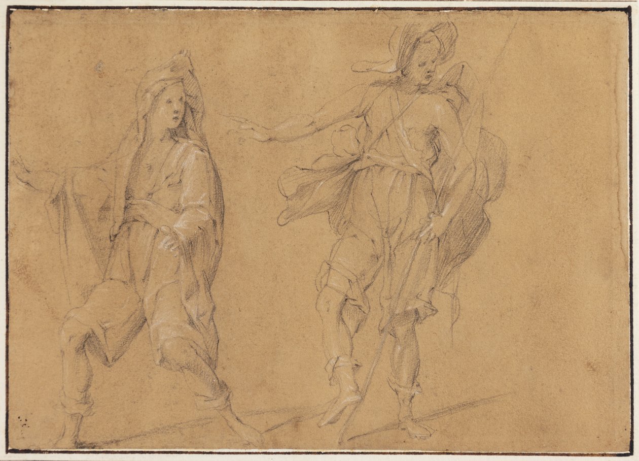 A running figure with the mantle over his head, and a standing man with hat and staff by Filippo Paladini
