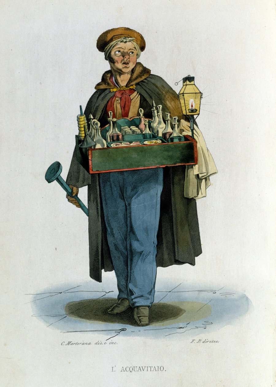 Small business of the city of Naples: a traveling salesman of brandy. Engraving after a painting by F. Palizza. From a work by Francesco de Bourcard 