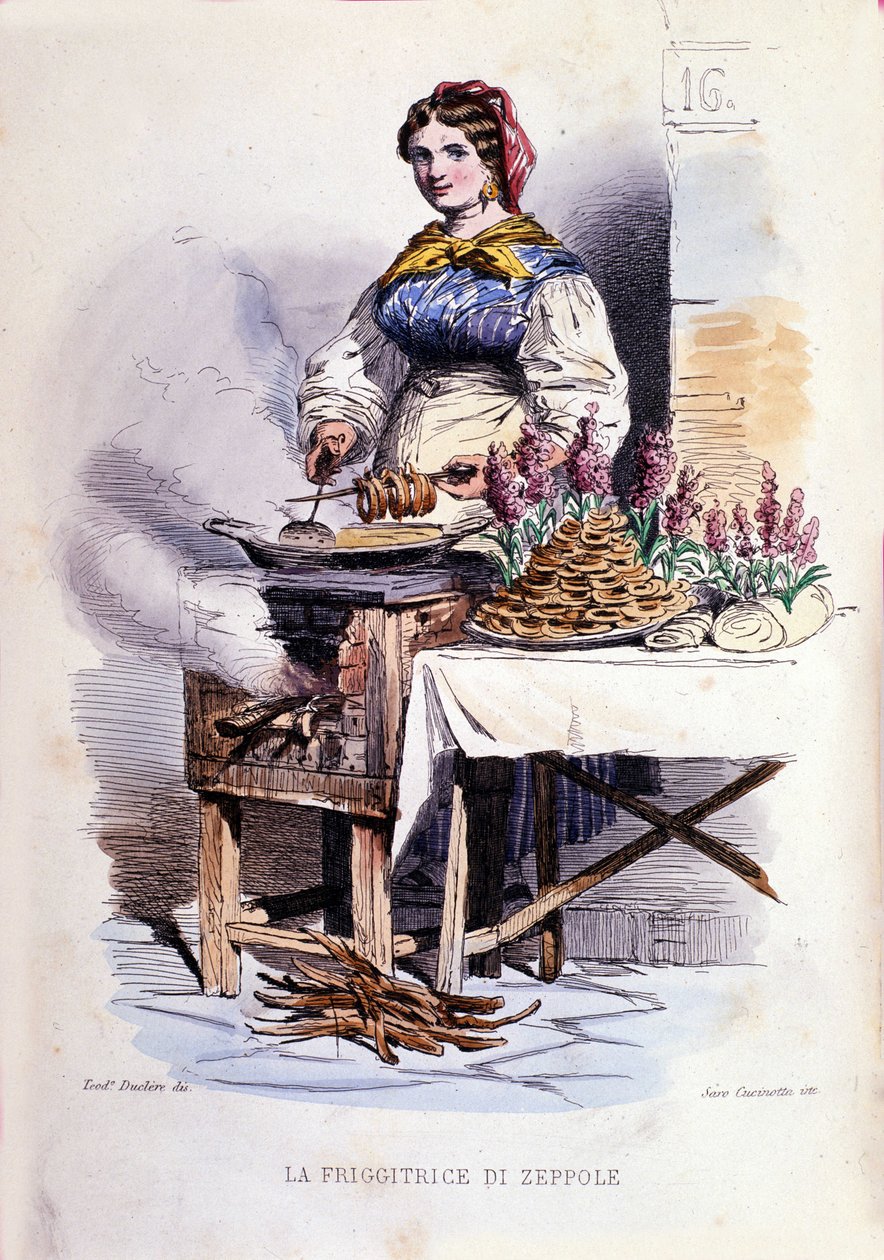 Small business of the city of Naples: walking saleswoman of zeppolle, specialty pastry of Naples. Engraving after a painting by F. Palizza. From a work by Francesco de Bourcard 
