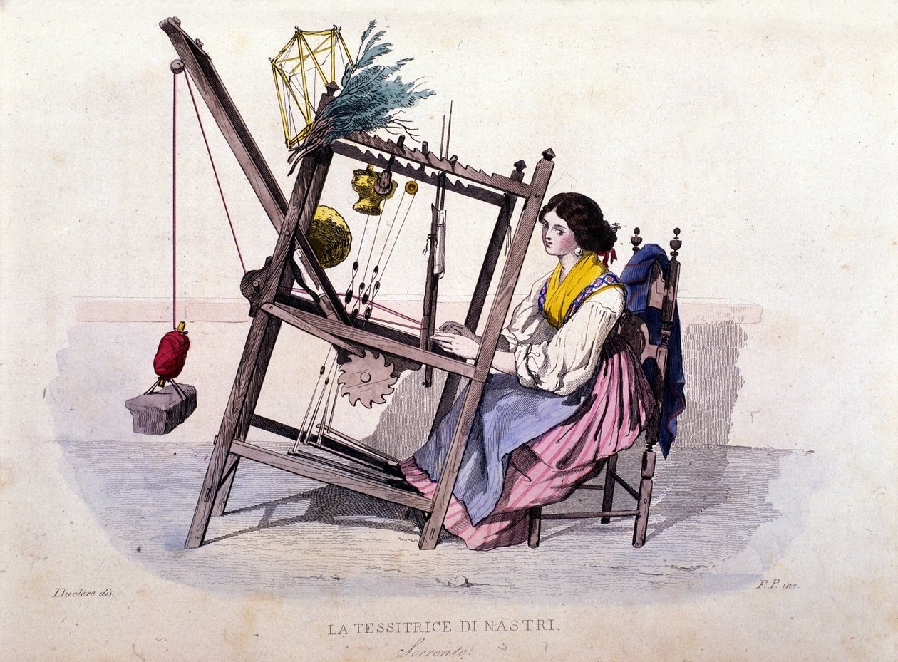 Small business of the kingdom of Naples: young woman from Sorrento weaving ribbons. Engraving after a painting by F. Palizza. From a work by Francesco de Bourcard Costumi del regno di Napoli by Filippo Palizzi