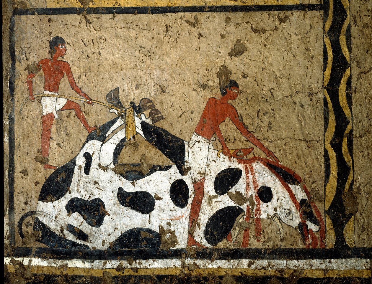 Egyptian antiquity: a bull is sacrificed before a sarcophagus. Tempera on clay and straw from the tomb of the General and Chancellor of King Iti in El Ghebelen near Luxor. 2200-2000 BC. Turin, Egyptian Museum by First Intermediate Period Egyptian