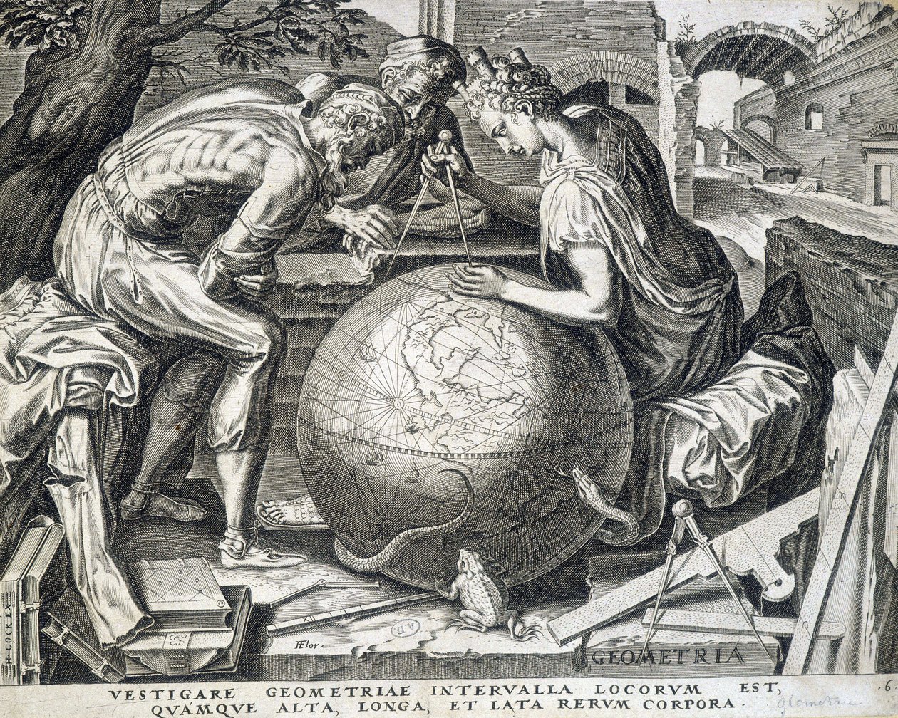 Characters leaning above the globe with compass (allegory of geometry) by Flemish School