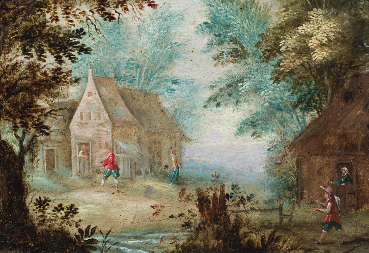 Figures near Cottages in a Wooded Glade by Flemish School
