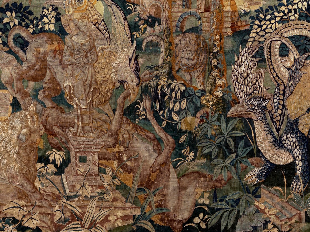 Flemish tapestry. Landscape with pergola and big beasts, with 2 columns ...
